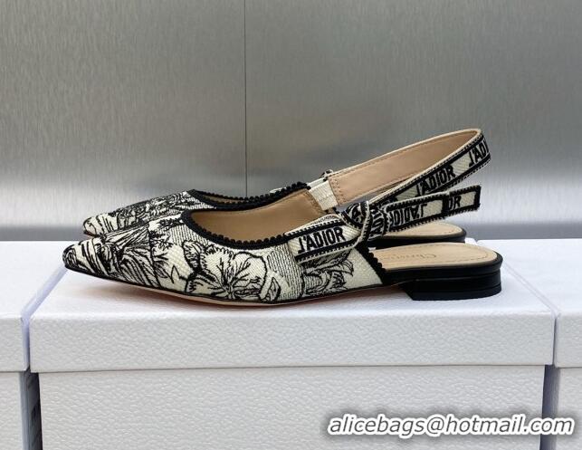 Charming Dior J'Adior Slingback Flat in Black and White Embroidered Cotton with Toile de Jouy Voyage Motif 606073