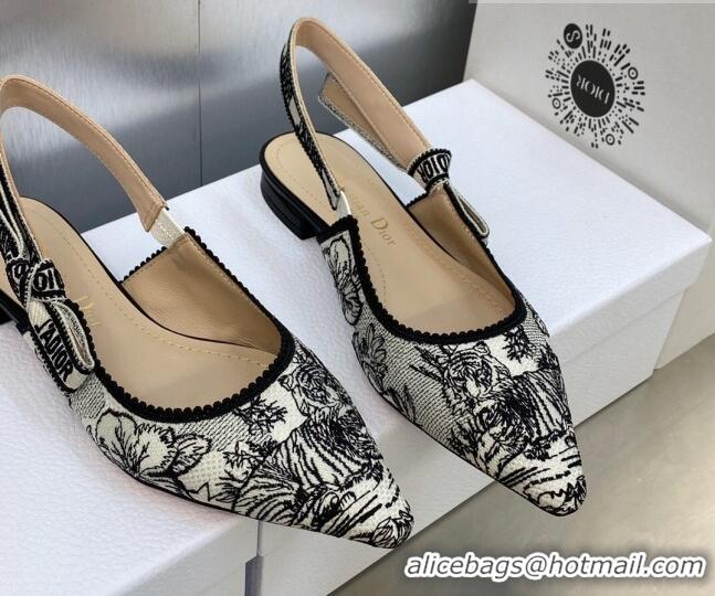 Charming Dior J'Adior Slingback Flat in Black and White Embroidered Cotton with Toile de Jouy Voyage Motif 606073