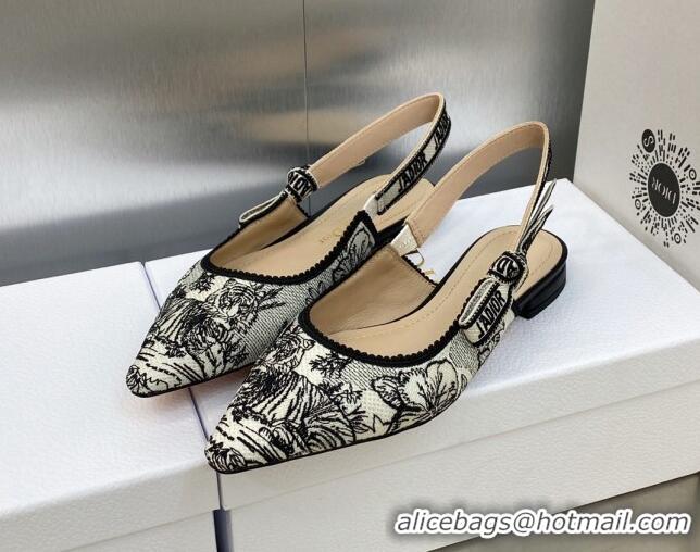 Charming Dior J'Adior Slingback Flat in Black and White Embroidered Cotton with Toile de Jouy Voyage Motif 606073