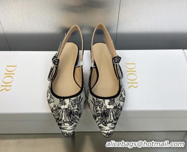 Charming Dior J'Adior Slingback Flat in Black and White Embroidered Cotton with Toile de Jouy Voyage Motif 606073