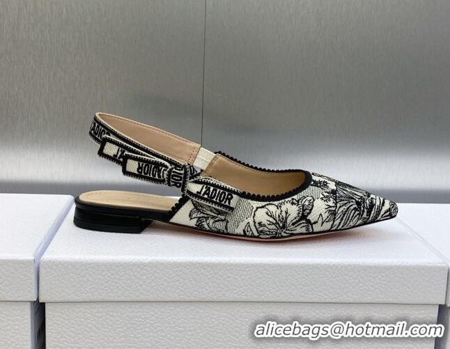 Charming Dior J'Adior Slingback Flat in Black and White Embroidered Cotton with Toile de Jouy Voyage Motif 606073