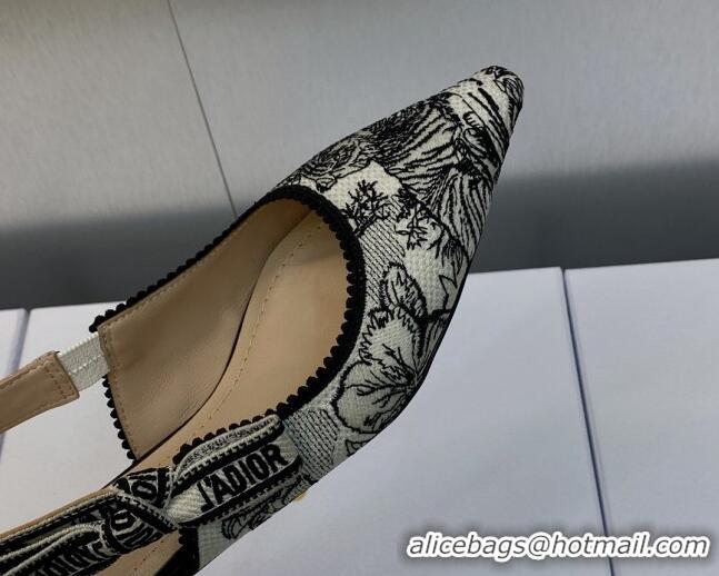 Charming Dior J'Adior Slingback Flat in Black and White Embroidered Cotton with Toile de Jouy Voyage Motif 606073