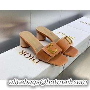 Fashion Dior C'est Dior Heeled Slide Sandals 4.5cm in Apricot Velvet with CD Letters 606074