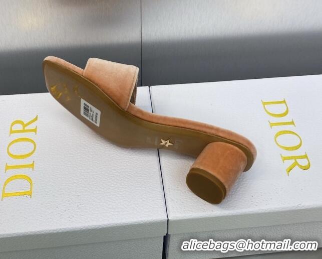 Fashion Dior C'est Dior Heeled Slide Sandals 4.5cm in Apricot Velvet with CD Letters 606074