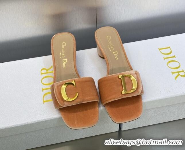 Fashion Dior C'est Dior Heeled Slide Sandals 4.5cm in Apricot Velvet with CD Letters 606074