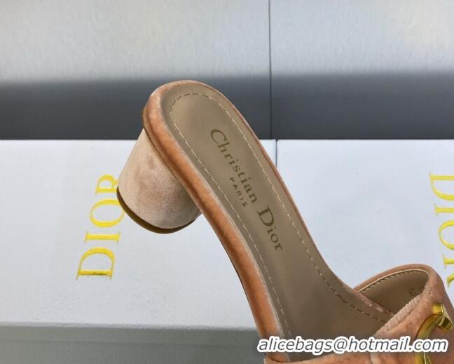 Fashion Dior C'est Dior Heeled Slide Sandals 4.5cm in Apricot Velvet with CD Letters 606074