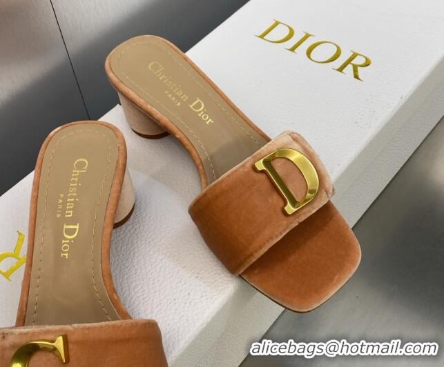 Fashion Dior C'est Dior Heeled Slide Sandals 4.5cm in Apricot Velvet with CD Letters 606074