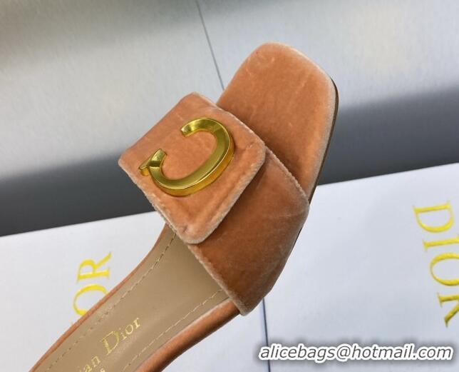 Fashion Dior C'est Dior Heeled Slide Sandals 4.5cm in Apricot Velvet with CD Letters 606074