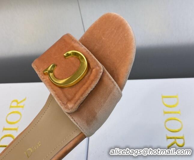 Sumptuous Dior C'est Dior Flat Slide Sandals in Apricot Velvet with CD Letters 606075