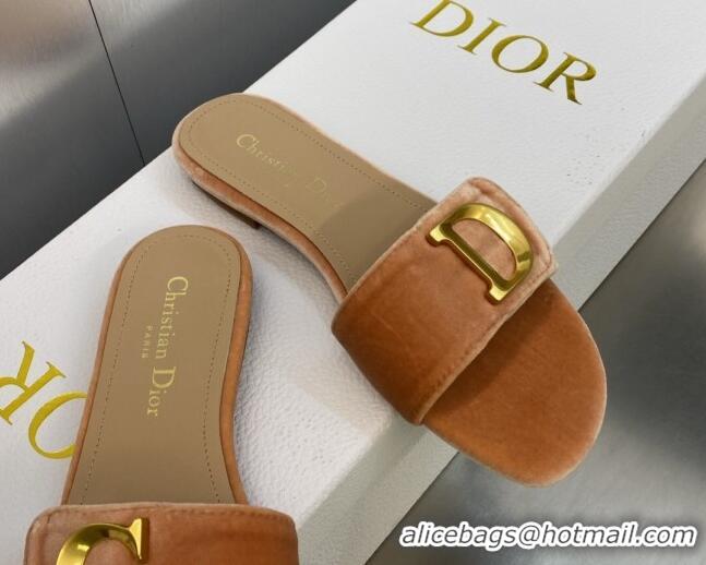 Sumptuous Dior C'est Dior Flat Slide Sandals in Apricot Velvet with CD Letters 606075