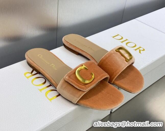 Sumptuous Dior C'est Dior Flat Slide Sandals in Apricot Velvet with CD Letters 606075