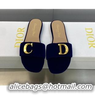 Good Quality Dior C'est Dior Flat Slide Sandals in Cobalt Blue Velvet with CD Letters 606077