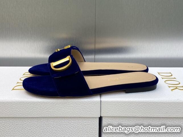 Good Quality Dior C'est Dior Flat Slide Sandals in Cobalt Blue Velvet with CD Letters 606077