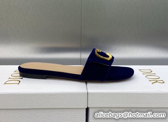 Good Quality Dior C'est Dior Flat Slide Sandals in Cobalt Blue Velvet with CD Letters 606077