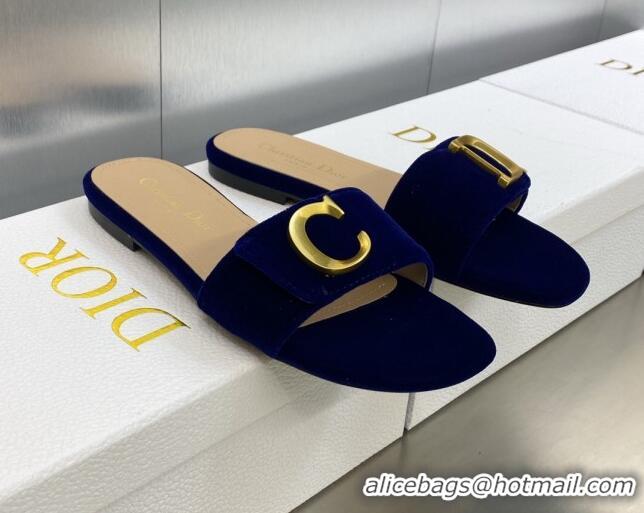 Good Quality Dior C'est Dior Flat Slide Sandals in Cobalt Blue Velvet with CD Letters 606077