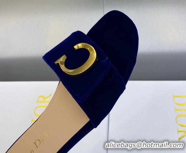 Good Quality Dior C'est Dior Flat Slide Sandals in Cobalt Blue Velvet with CD Letters 606077