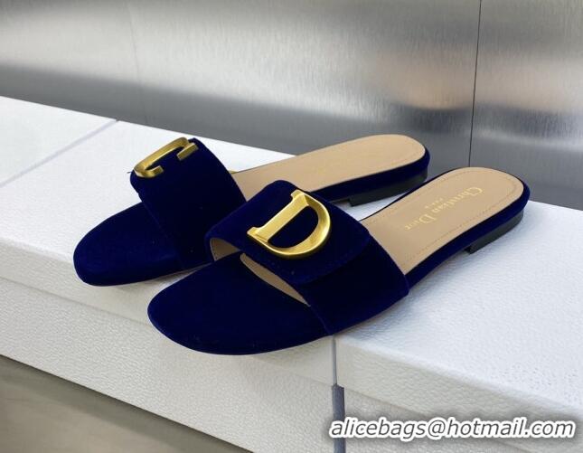 Good Quality Dior C'est Dior Flat Slide Sandals in Cobalt Blue Velvet with CD Letters 606077