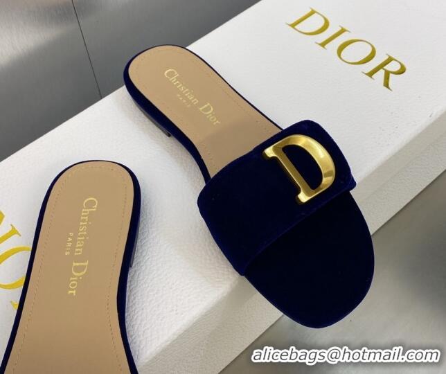 Good Quality Dior C'est Dior Flat Slide Sandals in Cobalt Blue Velvet with CD Letters 606077