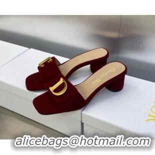 Popular Style Dior C'est Dior Heeled Slide Sandals 4.5cm in Burgundy Velvet with CD Letters 606078