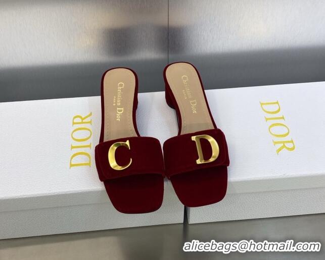 Popular Style Dior C'est Dior Heeled Slide Sandals 4.5cm in Burgundy Velvet with CD Letters 606078