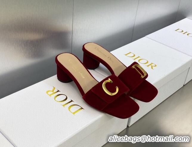 Popular Style Dior C'est Dior Heeled Slide Sandals 4.5cm in Burgundy Velvet with CD Letters 606078