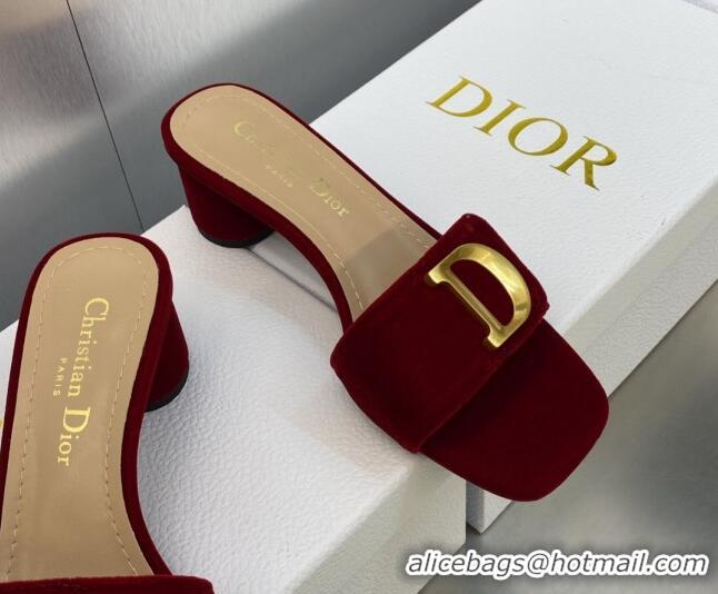 Popular Style Dior C'est Dior Heeled Slide Sandals 4.5cm in Burgundy Velvet with CD Letters 606078