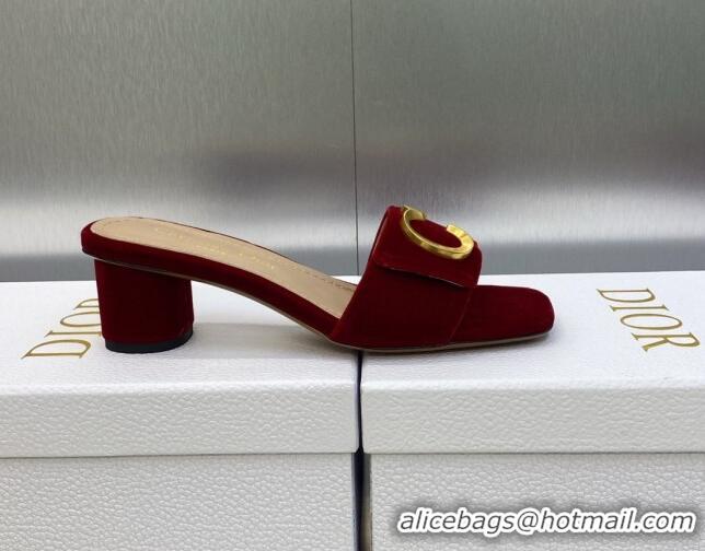 Popular Style Dior C'est Dior Heeled Slide Sandals 4.5cm in Burgundy Velvet with CD Letters 606078