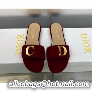 Unique Style Dior C'est Dior Flat Slide Sandals in Burgundy Velvet with CD Letters 606079