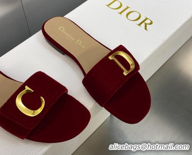 Unique Style Dior C'est Dior Flat Slide Sandals in Burgundy Velvet with CD Letters 606079