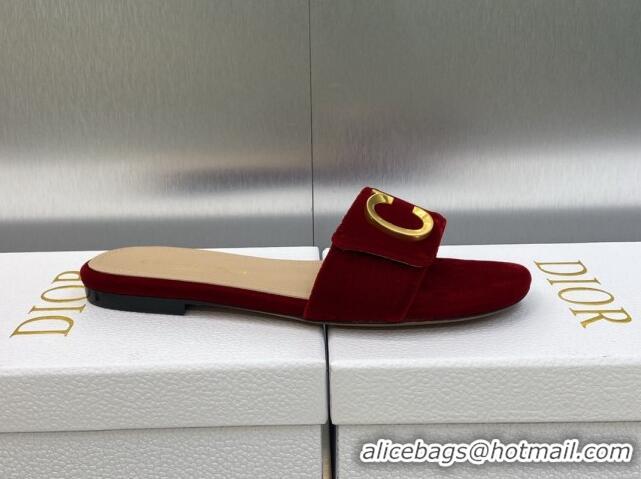 Unique Style Dior C'est Dior Flat Slide Sandals in Burgundy Velvet with CD Letters 606079