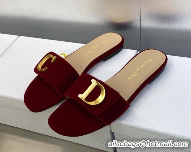 Unique Style Dior C'est Dior Flat Slide Sandals in Burgundy Velvet with CD Letters 606079