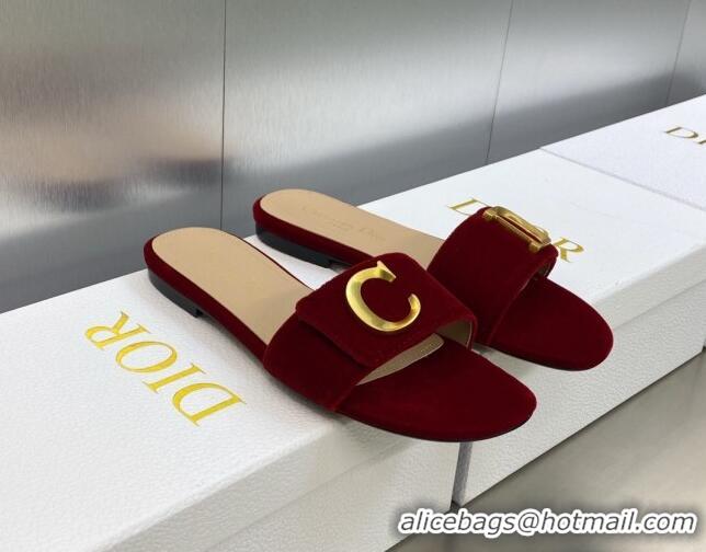 Unique Style Dior C'est Dior Flat Slide Sandals in Burgundy Velvet with CD Letters 606079