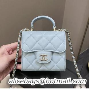 Best Grade Chanel 22P Quilted Lambskin Top Handle Clutch On Chain AP8795 Light Blue