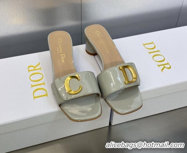 Classic Hot Dior C'est Dior Heeled Slide Sandals 4.5cm in Grey Patent Calfskin with CD Letters 606082