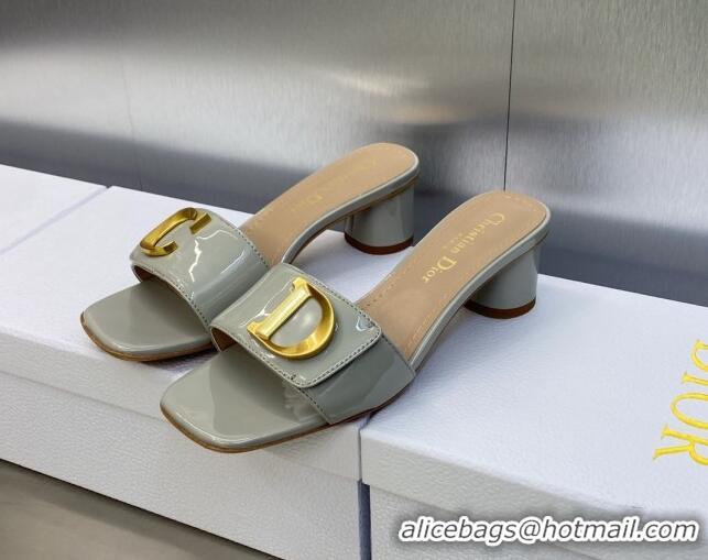 Classic Hot Dior C'est Dior Heeled Slide Sandals 4.5cm in Grey Patent Calfskin with CD Letters 606082