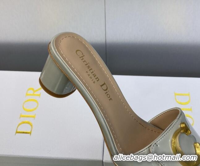 Classic Hot Dior C'est Dior Heeled Slide Sandals 4.5cm in Grey Patent Calfskin with CD Letters 606082