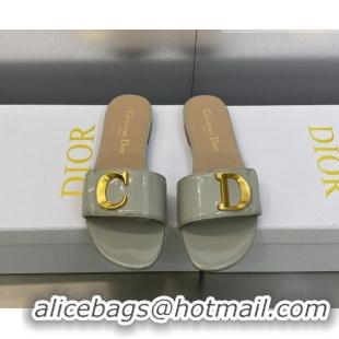 Good Quality Dior C'est Dior Flat Slide Sandals in Grey Patent Calfskin with CD Letters 606083