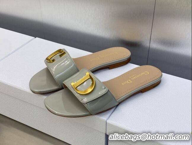 Good Quality Dior C'est Dior Flat Slide Sandals in Grey Patent Calfskin with CD Letters 606083