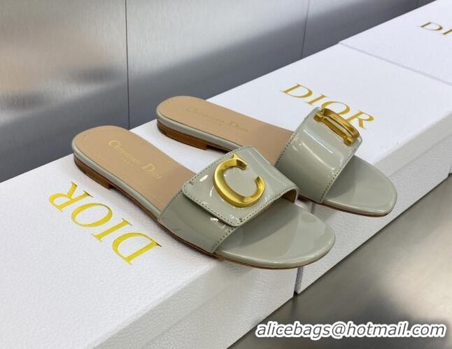 Good Quality Dior C'est Dior Flat Slide Sandals in Grey Patent Calfskin with CD Letters 606083