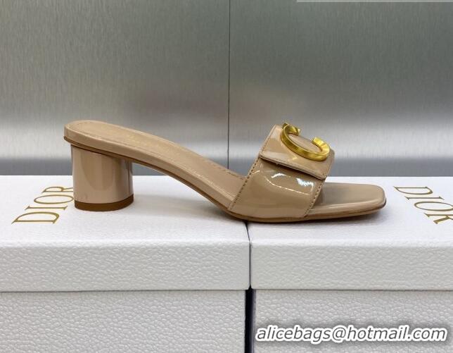 1:1 aaaaa Dior C'est Dior Heeled Slide Sandals 4.5cm in Beige Patent Calfskin with CD Letters 606084