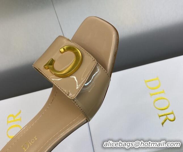 1:1 aaaaa Dior C'est Dior Heeled Slide Sandals 4.5cm in Beige Patent Calfskin with CD Letters 606084