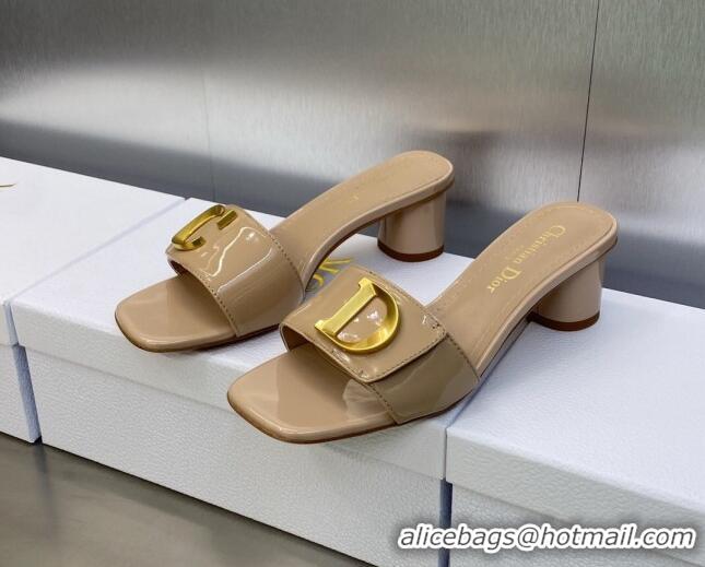 1:1 aaaaa Dior C'est Dior Heeled Slide Sandals 4.5cm in Beige Patent Calfskin with CD Letters 606084