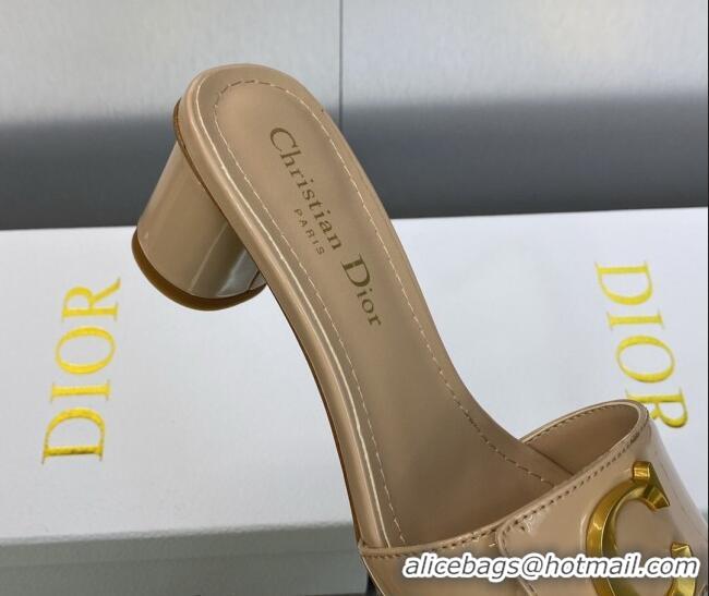 1:1 aaaaa Dior C'est Dior Heeled Slide Sandals 4.5cm in Beige Patent Calfskin with CD Letters 606084