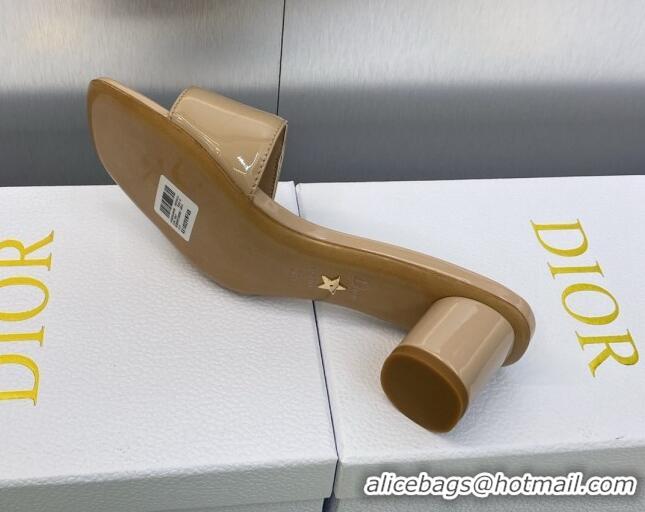 1:1 aaaaa Dior C'est Dior Heeled Slide Sandals 4.5cm in Beige Patent Calfskin with CD Letters 606084