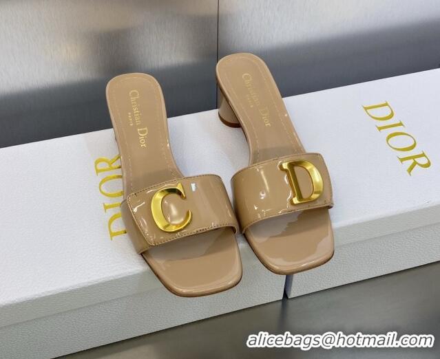 1:1 aaaaa Dior C'est Dior Heeled Slide Sandals 4.5cm in Beige Patent Calfskin with CD Letters 606084