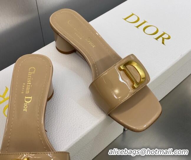 1:1 aaaaa Dior C'est Dior Heeled Slide Sandals 4.5cm in Beige Patent Calfskin with CD Letters 606084