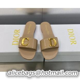 Perfect Dior C'est Dior Flat Slide Sandals in Beige Patent Calfskin with CD Letters 606085