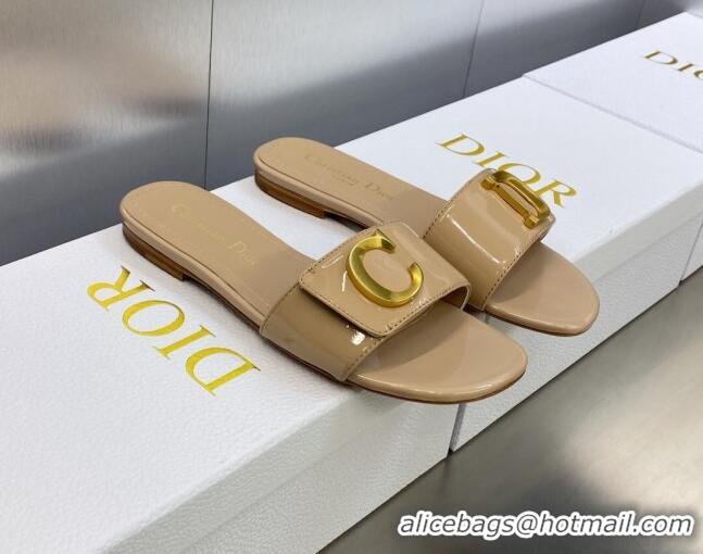 Perfect Dior C'est Dior Flat Slide Sandals in Beige Patent Calfskin with CD Letters 606085