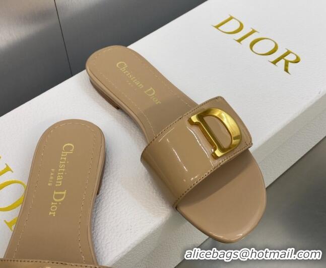 Perfect Dior C'est Dior Flat Slide Sandals in Beige Patent Calfskin with CD Letters 606085