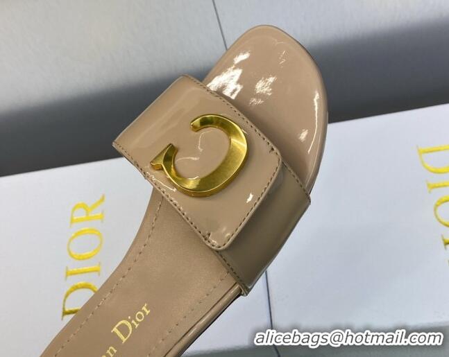 Perfect Dior C'est Dior Flat Slide Sandals in Beige Patent Calfskin with CD Letters 606085